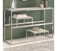 Console Table Silver Stainless Steel and Tempered Glass in White Marble Look 110 x 35 x 70 cm Hallway Table Side Table Storage Table for Hallway Living Room with Storage Space and Space-Saving Design