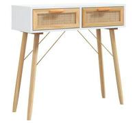 Console Table with 2 Drawers Storage Solid Wood Pine Natural Rattan Sideboard