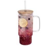 Consou Glass with Lid and Straw, 1000 ml, Bubble Tea Glass Cup, Transparent Striped Water Cups, High Borosilicate Glass, Long Drink Glass Set for Iced Coffee, Juice, Smoothie, Water, Tea