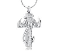 constantlife Cross Urn Necklace for Ashes for Women Men Fish Hook Memorial Pendant Deer Antler Cremation Jewelry Human Pet Ashes Holder Keepsake, Stainless Steel, No Gemstone