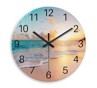 Constantplanet Beach Wall Clock Battery Operated 12 Inch Glass Wall Clock Non Ticking Analog Blue Wall Clocks for Bedroom Living Room Office Decor