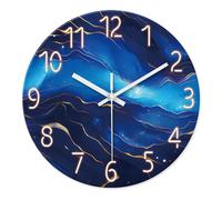 Constantplanet Glass Blue Wall Clocks Battery Operated 16 Inch Marble Pattern Big Clock for Office Abstract Silent Wall Clock Non Ticking