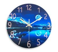 Constantplanet Round Wall Clock Battery Operated 14 Inch Blue Wall Clocks for Living Room Moon Glass Wall Clock Slient Non Ticking