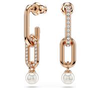 Constella drop earrings, Crystal pearl, Round cut, White, 18K rose gold finish
