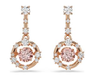 Constella drop earrings, Round cut, Dancing stone, Pink, 18K rose gold finish