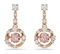 Constella drop earrings, Round cut, Dancing stone, Pink, Rose gold-tone plated