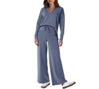 Constituent Clothing Travel Sets for Women, Women's 2 Piece Sets Casual Long Sleeve Sweatsuits Lounge Wide Leg Pants (Blue,L)