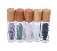 Constore 5 PCS 10ML Gemstone Roller Bottles,Refillable Roll On Bottles with Bamboo Lids Healing Crystal Chips Inside for Perfumes Aromatherapy Oils