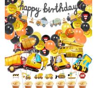 Construction 2nd Birthday Decorations Boys - 50 Pcs Diggers Party Decoration Including Dump Truck and Cars Tractor Foil Balloons Orange Black Yellow Latex Balloon for 2nd 3rd Birthday Decorations Boy