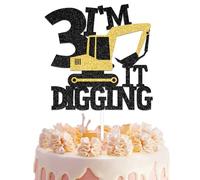 Construction 3rd Birthday Cake Topper Excavator Happy 3rd Birthday Cake Decoration I'm 3 Digging Cake Topper Black Gold Glitter