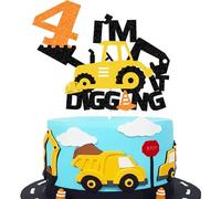 Construction 4th Birthday Cake Topper, Excavator Bulldozer Road Roller Truck, Engineering Themed Party Supplies Decoration, for Boys