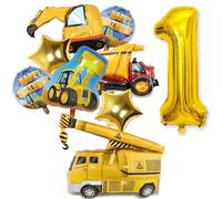 Construction Birthday Decorations 1st, 9Pcs Digger First Birthday Balloons Number 1 Balloon, Large Construction Balloons Dump Truck Crane Foil Mylar Balloon Set for Boy 1 Year Old Bday Party Supplies