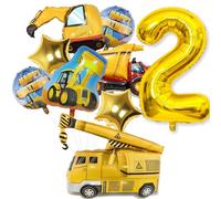 Construction Birthday Decorations 2nd, 9Pcs Digger Birthday Balloons Number 2 Balloons, Large Construction Balloons Dump Truck Crane Foil Mylar Balloons Set for Boy 2 Year Old Birthday Party Supplies