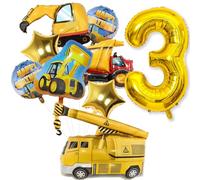 Construction Birthday Decorations 3rd, 9Pcs Digger Birthday Balloons Number 3 Balloons, Large Construction Balloons Dump Truck Crane Foil Mylar Balloon Set for Boy 3 Year Old Birthday Party Supplies