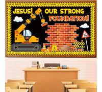 Construction Bulletin Board Decoration Set, Religious Sunday School Classroom Decorations, Christian Jesus Our Strong Foundation Cutouts for VBS Back to School Nursery Chalkboard Wall Door Supplies