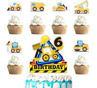 Construction Cake Toppers for Kids Engineering Themed Happy 6th Birthday Dump Truck, Excavator 7-Piece Decoration Set, Boys and Girls Birthday Party, Vehicle Party Traffic and Road Sign (6th)