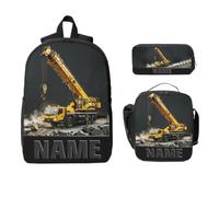 Construction Car-Themed 2D Flat Backpack Set for Architecture Enthusiasts Truck Crane Print Travel Daypack with Names for Women or Men Engineering Personalized Engineering Car-Themed Backpack Set