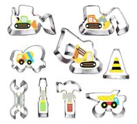 Construction Cookie Cutter, 9 PCS Stainless Steel Biscuit Cutters, DIY Construction Cookie Cutters Set, with Excavator Cement Mixer Hammer Spanner Fondant Dough Biscuit Mold, for DIY Baking, Party