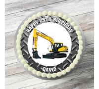 Construction Crane Digger Themed Personalised Birthday Cake Topper 7.5 Inch Round Edible Icing Sheet, Gluten-Free
