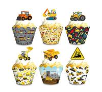 Construction Cupcake Toppers and Wrappers, Set of 24pcs Tractor Digger Truck Forklift Dump Bulldozer Road Roller Engineering Themed for Kids Boys Happy Birthday Baby Shower Party Supplies