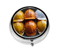 Construction Helmets Pill Box with Mirror, 3 Compartment Small Pill Case for Purse Or Pocket Mini Metal Pill Holder Travel Weekly Medicine Tablet Vitamin Holder Organizer Travel Gifts