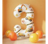 Construction Number 3 Balloon, 32 Inch White Large Foil Balloon with DIY Stickers,Construction Themed birthday Party Decorations for Boys，Excavator Baby Shower Truck