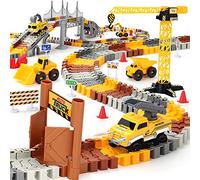Construction Race Tracks Set, Flexible Train Tracks 2 Electric Construction Race Vehicles Lights, STEM Engineering Race Track Toys with Dump Truck, Crane Assort Acessories for Boys Girls