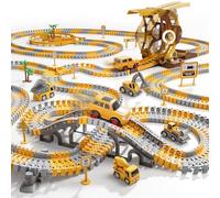 Construction Race Tracks toy 299PCS with U-Shaped Tumbling Track, Flexible DIY Road & Multi-Level Bridges with 2 Electric Cars & 4 Trucks, STEM Building Gift for 3 4 5 6 Year Old Boys Girls