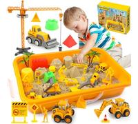 Construction Sensory Bin, Play Sand Construction Set, Beach Building Castle Kit with 2.2lbs Play Sand, 2 Take-Apart Construction Trucks, 5 Small Toy Trucks and Signs, Preschool Learning Activity Gift