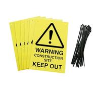 Construction Site keep out Warning Signs, 20 x 30 cm, Yellow Corex Board, Set of 6 with Cable Ties
