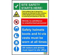 Construction site safety Site safety starts here safety sign - Self adhesive sticker 300mm x 200mm