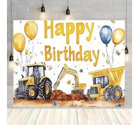 Construction Theme Happy Birthday Backdrop Excavator Balloon Design Truck Crane Photography Background Kids Cake Table Birth Decoration Boy 1st Party Supplies Photo Booth Props，7 * 5FT