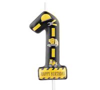 Construction Theme Number 1 Birthday Candle,Yellow & Black Happy Birthday Candle with Construction Elements for Boys 1st Birthday Party Supplies Decorations