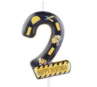 Construction Theme Number 2 Birthday Candle,Yellow & Black Happy Birthday Candle with Construction Elements for Boys 2nd Birthday Party Supplies Decorations
