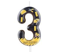 Construction Theme Number 3 Birthday Candle,Yellow & Black Happy Birthday Candle with Construction Elements for Boys 3rd Birthday Party Supplies Decorations
