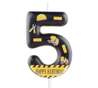 Construction Theme Number 5 Birthday Candle,Yellow & Black Happy Birthday Candle with Construction Elements for Boys 5th Birthday Party Supplies Decorations