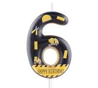 Construction Theme Number 6 Birthday Candle,Yellow & Black Happy Birthday Candle with Construction Elements for Boys 6th Birthday Party Supplies Decorations