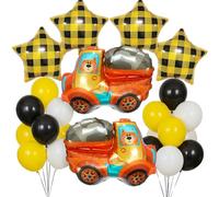 Construction Truck Party Balloons, 21Pcs Dump Truck Foil Balloons with Bear Driver, Yellow Black Buffalo Plaid Checker Stars for Construction Theme Event, Birthday Party Decorations