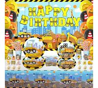 Construction Truck Party Supplies Tableware Set - Construction Backdrop, Tablecover, Plate, Cups, Napkins, Balloons, Cake Toppers, for Party Decorations Kids Birthday Serves 20 Guests