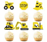 Construction Vehicle Cupcake Topper Glitter Excavator Tractor Cupcake Decoration Digger Themed Birthday Party Supplies for Kids Boys and Man