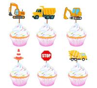 Construction Vehicle Cupcake Toppers, Excavator Dump Truck Cement Mixer Stop Sign Traffic Cone Theme Party Decorations, 20 Pieces