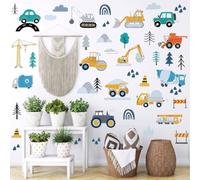 Construction Vehicle Sticker Set - 6 Large Wall Decals for Kids Room, Playroom with Trucks, Tractors, Diggers, Cranes, Removable and Reusable
