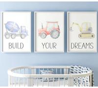 Construction Vehicles Set of 3 Unframed Poster Prints for Boy Girl Nursery Bedroom, Watercolour Design, Wall Art Transport Decor, Tractor Digger Cement Mixer, Build Your Dreams, Blue Red Yellow (A4)