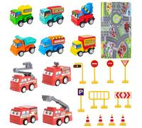 Construction Vehicles Toys, 10PCS Truck Car Toys with Playmat Road Signs Push and Go Toy Car Pull Back Racing Cars Friction Power Vehicle Birthday Party Favors Decorations for Kids