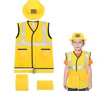 Construction Worker Costume Set, 5pcs kids Carpenter Role Play Fancy Dress Outfit for Halloween, Masquerade Party, Dress Up Games - Includes Vest, Hat, Tool Bag, Belt - Yellow, One Size