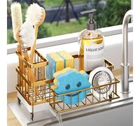 Consuemst Sponge Holder for Kitchen Sink - Auto Draining Sink Caddy Organizer with Detachable Rack, High Brush Holder, Kitchen Countertop Storage Accessories, Gold