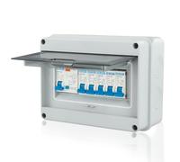Consumer Unit 4 Way IP65 Waterproof Garage Consumer Unit with 63A 30mA RCD and 4 MCB, Leakage Protection Circuit Breaker Fuse Box for Garages Caravans Workshops, Flame-Retardant Translucent Cover