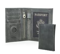 CONTACTS Full Grain Leather Airtag Passport Holder RFID Blocking Travel Passport Wallet Slim Passport Cover Case with 4 Cards Slots, Coin Pocket (Grey-s)
