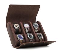 CONTACTS Genuine Leather Watch Case Roll Travel,Jewelry Watchse Storage Box and Cylindrical Watch Protector Sleeve Soft Lining Bag (Coffee2, 6 Pcs watches)