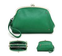 CONTACTS Kiss Lock Clutch Womens Genuine Leather Bag Kiss Clasp Wristlet Wallet Vitange Handbag Evening (Emerald-green)